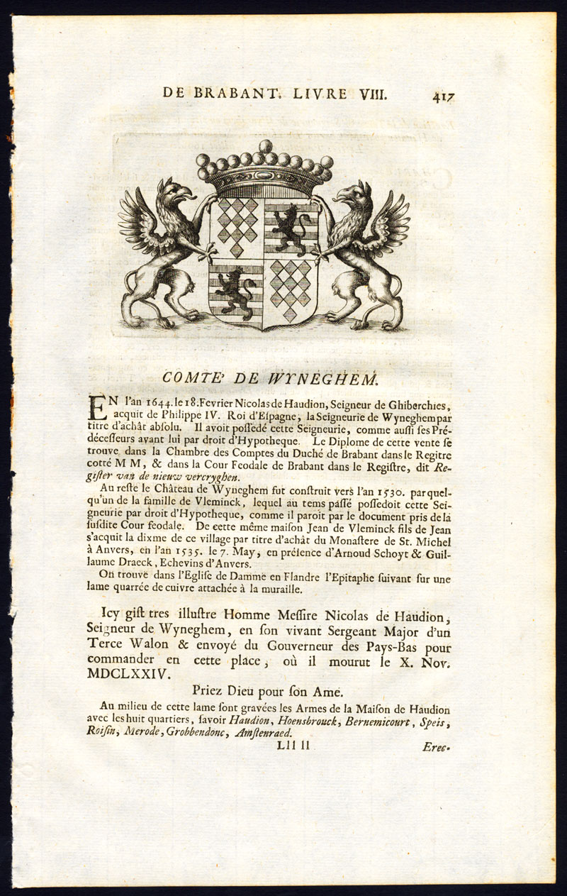 , Antique Print-COAT OF ARMS-COUNT OF WIJNEGEM-BRABANT-Butkens-1724, Pictura Antique Prints