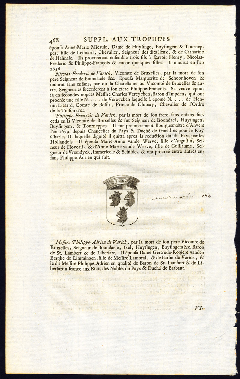 , Antique Print-COAT OF ARMS-DE VARICK FAMILY-BRABANT-Butkens-1724, Pictura Antique Prints
