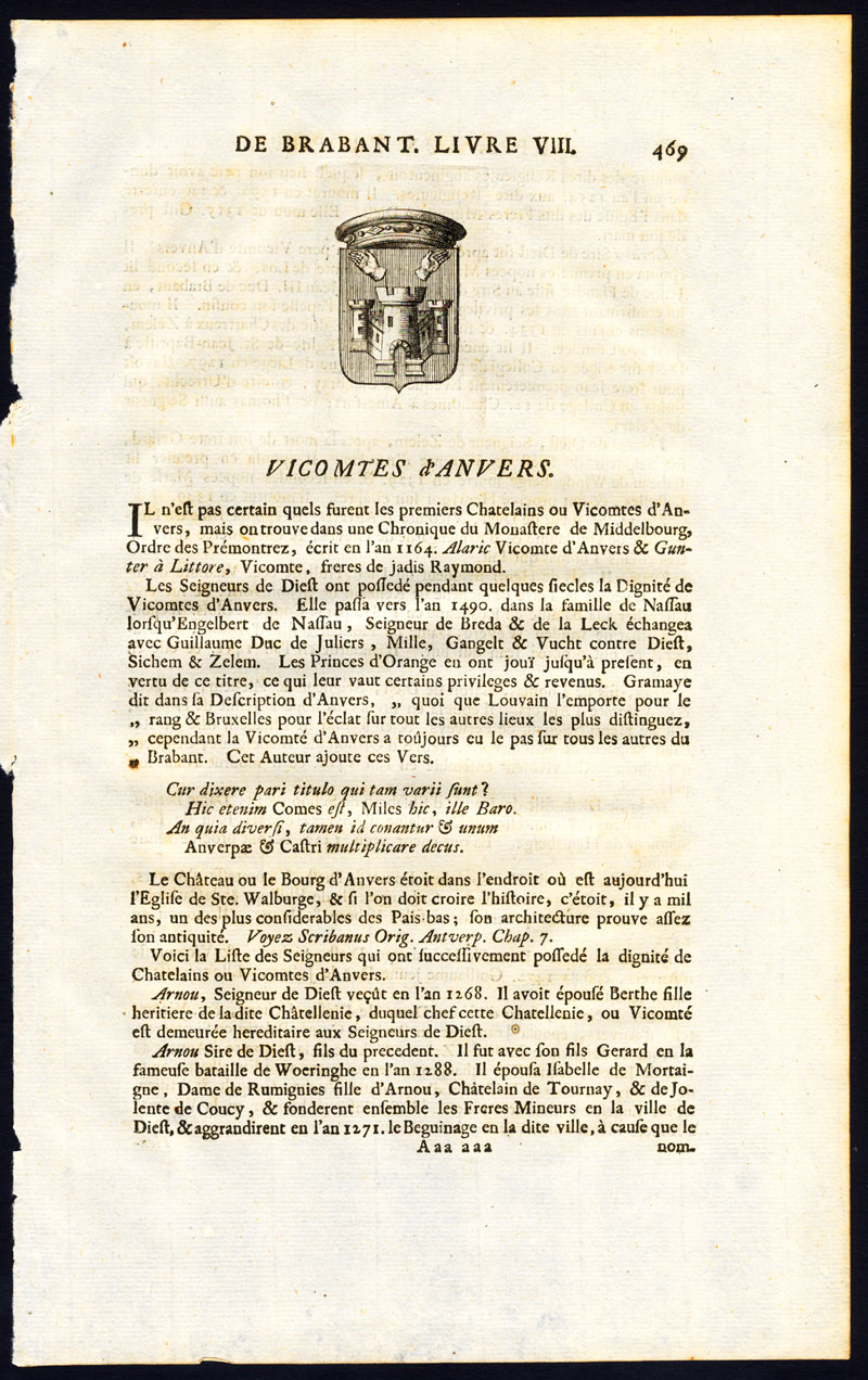 , Antique Print-COAT OF ARMS-VISCOUNT OF ANTWERP-BRABANT-Butkens-1724, Pictura Antique Prints