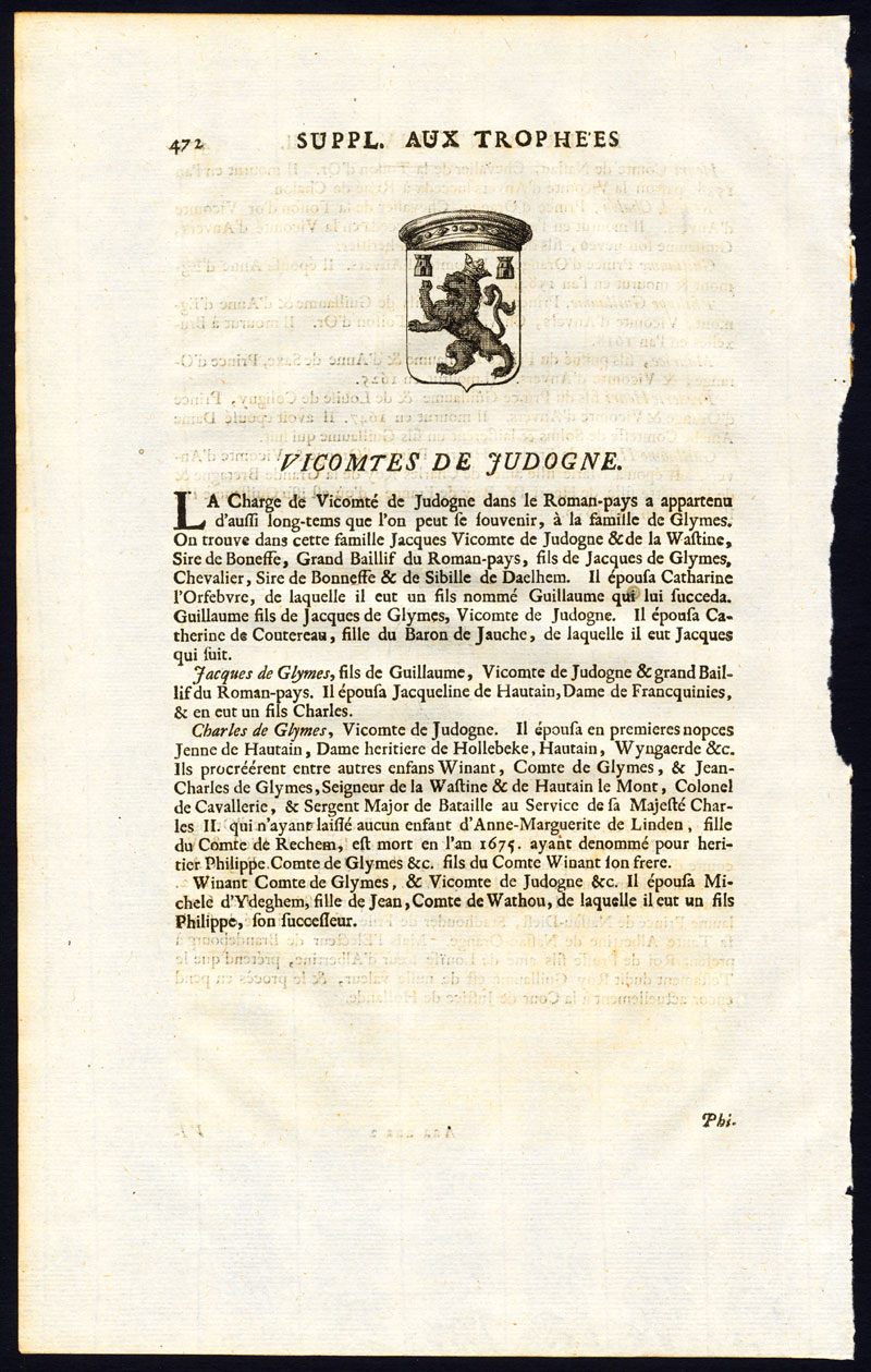 , Antique Print-COAT OF ARMS-VISCOUNT OF JUDOGNE-BRABANT-Butkens-1724, Pictura Antique Prints