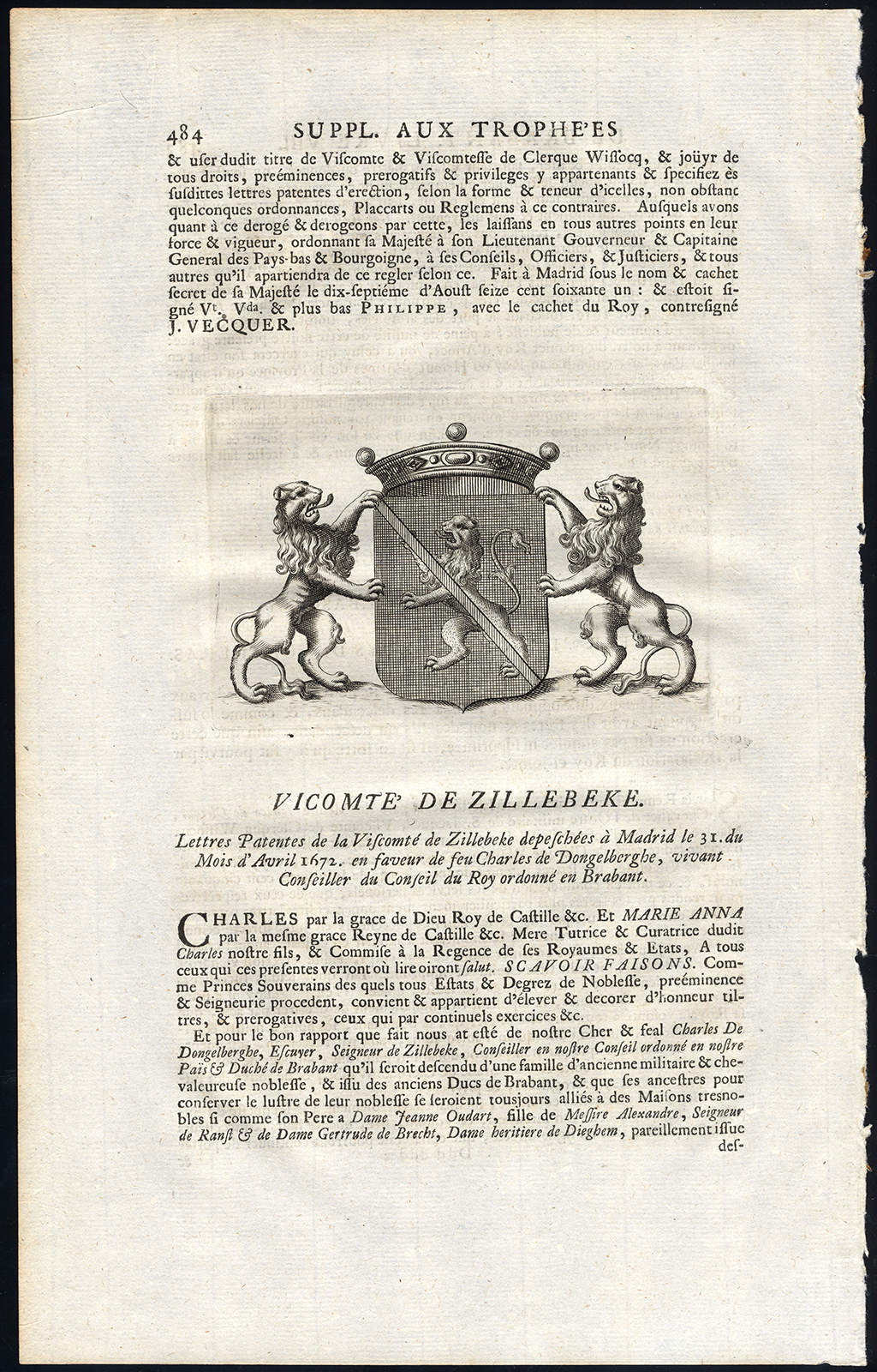 , Antique Print-COAT OF ARMS-VISCOUNT OF ZILLEBEKE-BRABANT-Butkens-1724, Pictura Antique Prints