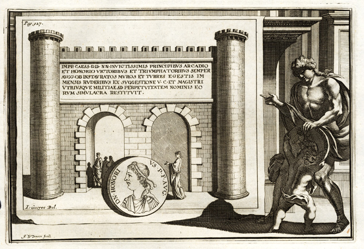 , Antique Print-ROME-GATE-ITALY-COIN-ROMAN EMPEROR-Halma-1704, Pictura Antique Prints