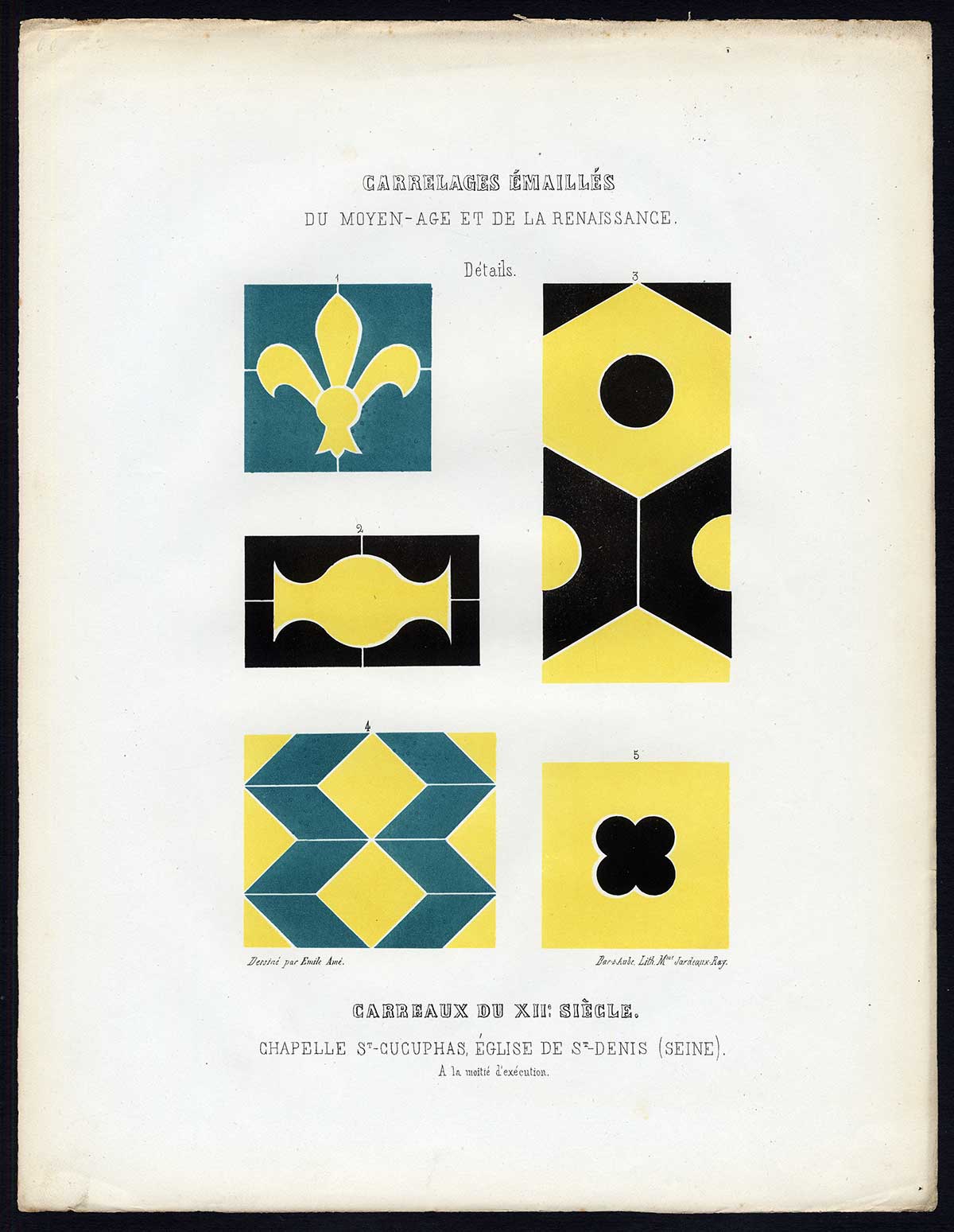 , Antique Print-ENAMEL TILES-SAINT CUCUPHAS CHAPEL-DENIS-FRANCE-Ame-Jardeaux-1857, Pictura Antique Prints