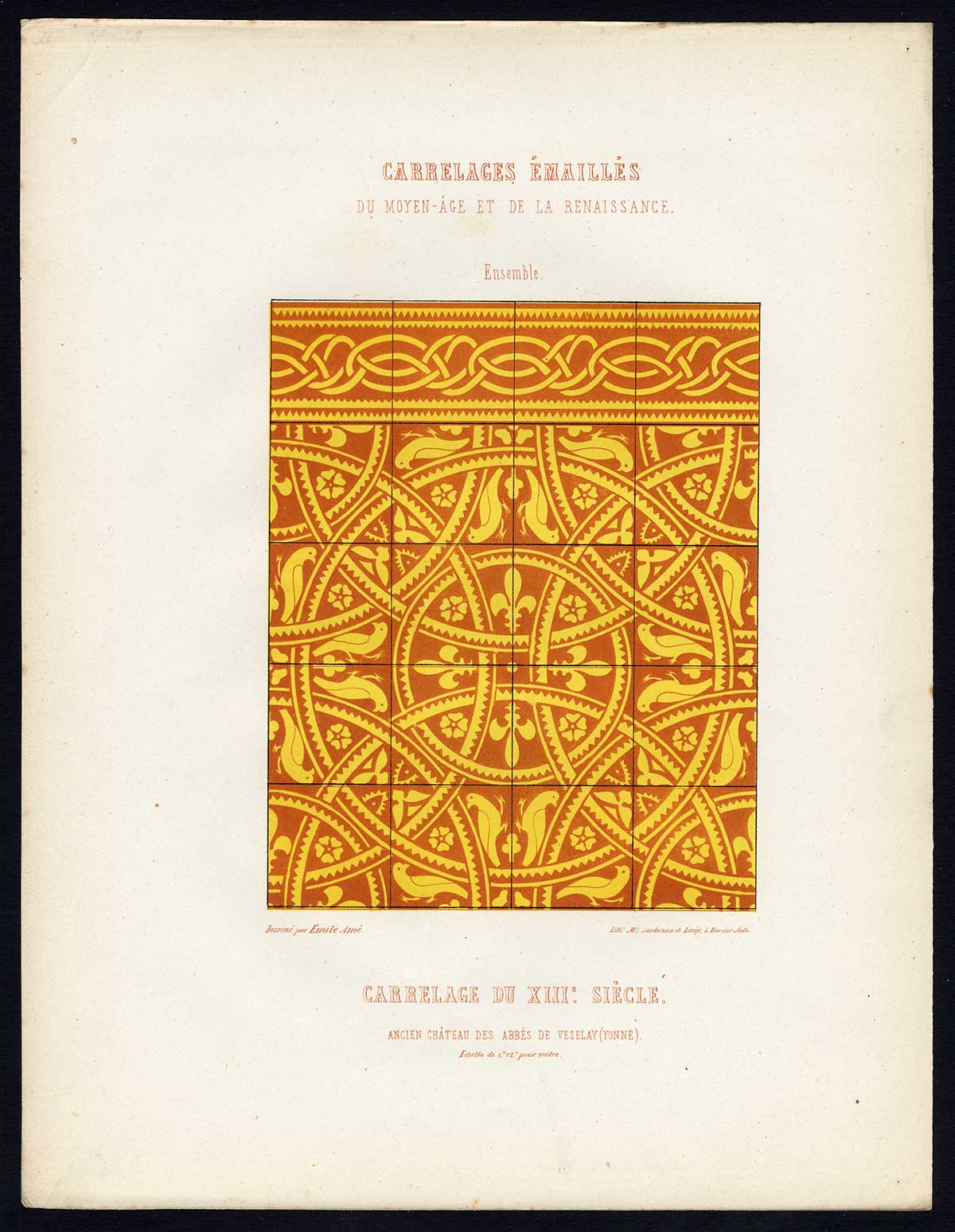 , Antique Print-ENAMEL TILES-CASTLE-VEZELAY ABBEY-DESIGN-FRANCE-Ame-Jardeaux-1857, Pictura Antique Prints