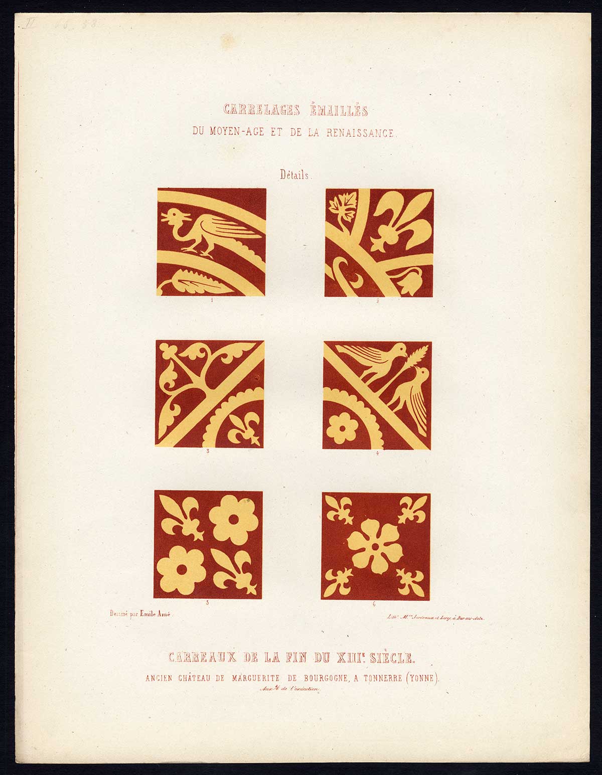 , Antique Print-ENAMEL TILES-CASTLE-MAGARET OF BOURBON-TONNERRE-Ame-Jardeaux-1857, Pictura Antique Prints