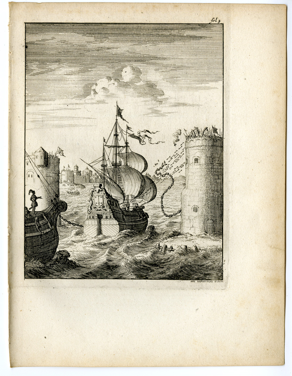 , Antique Print-DUTCH NAVY-SHIPS-BATTLE-FORT-DAMIETTA-Van den Bosch-Luyken-1683, Pictura Antique Prints