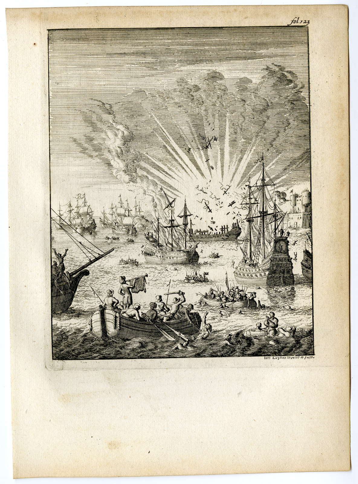 , Antique Print-SEA BATTLE-DUTCH NAVY-SHIPS-SLOOP-Van den Bosch-Luyken-1683, Pictura Antique Prints