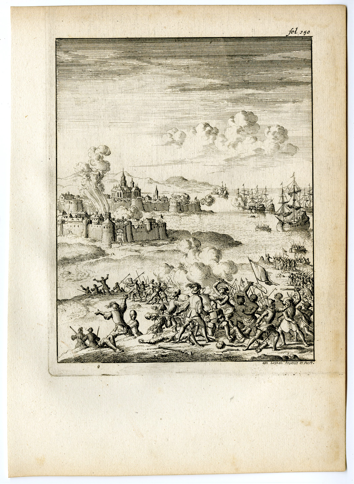 , Antique Print-DUTCH NAVY-SIEGE-MALACCA-JOHOR-PORTUGESE-Van den Bosch-Luyken-1683, Pictura Antique Prints