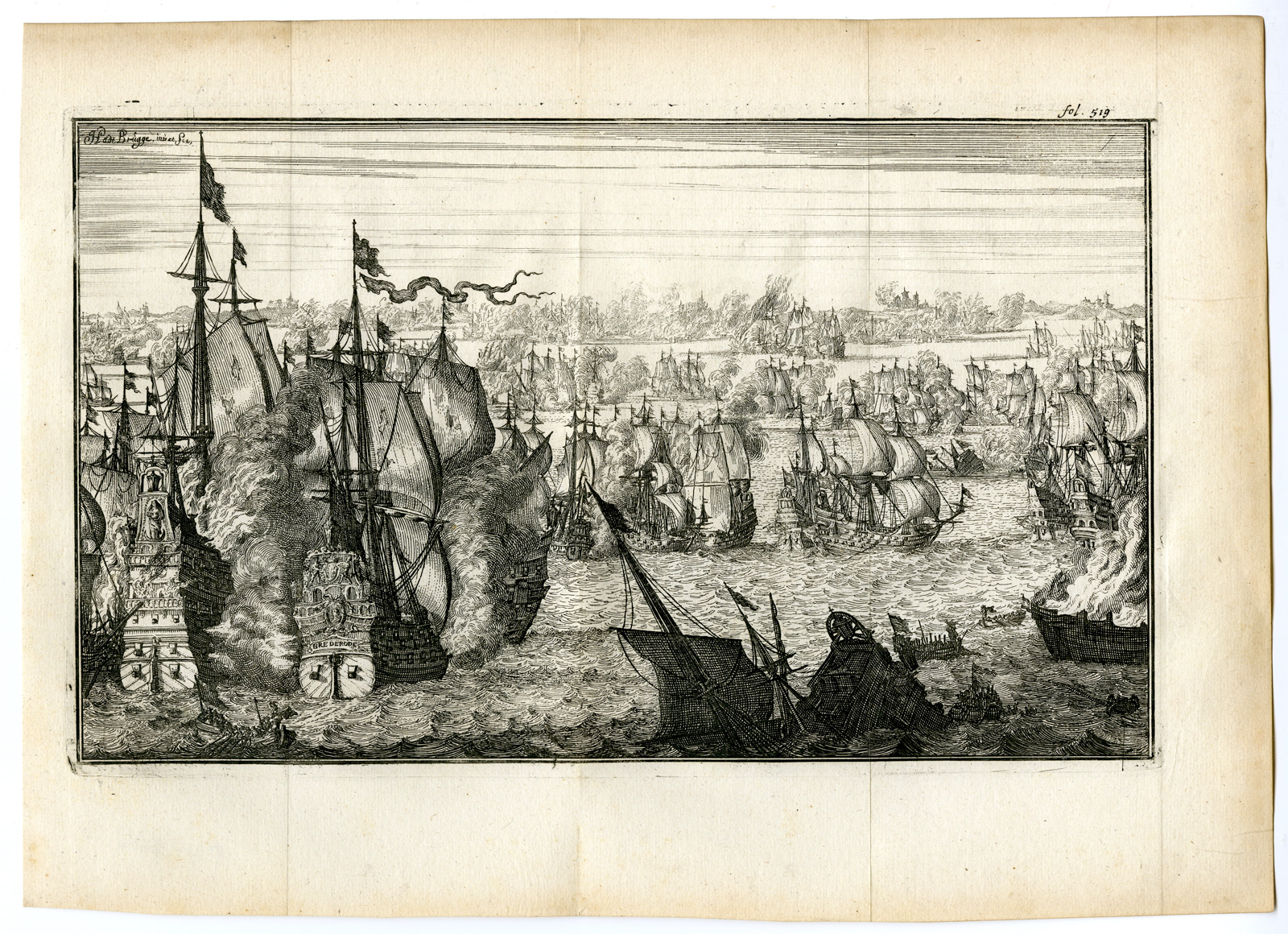 , Antique Print-DUINS-NAVAL BATTLE-TROMP-OQUENDO-Van den Bosch-Padtbrugge-1683, Pictura Antique Prints