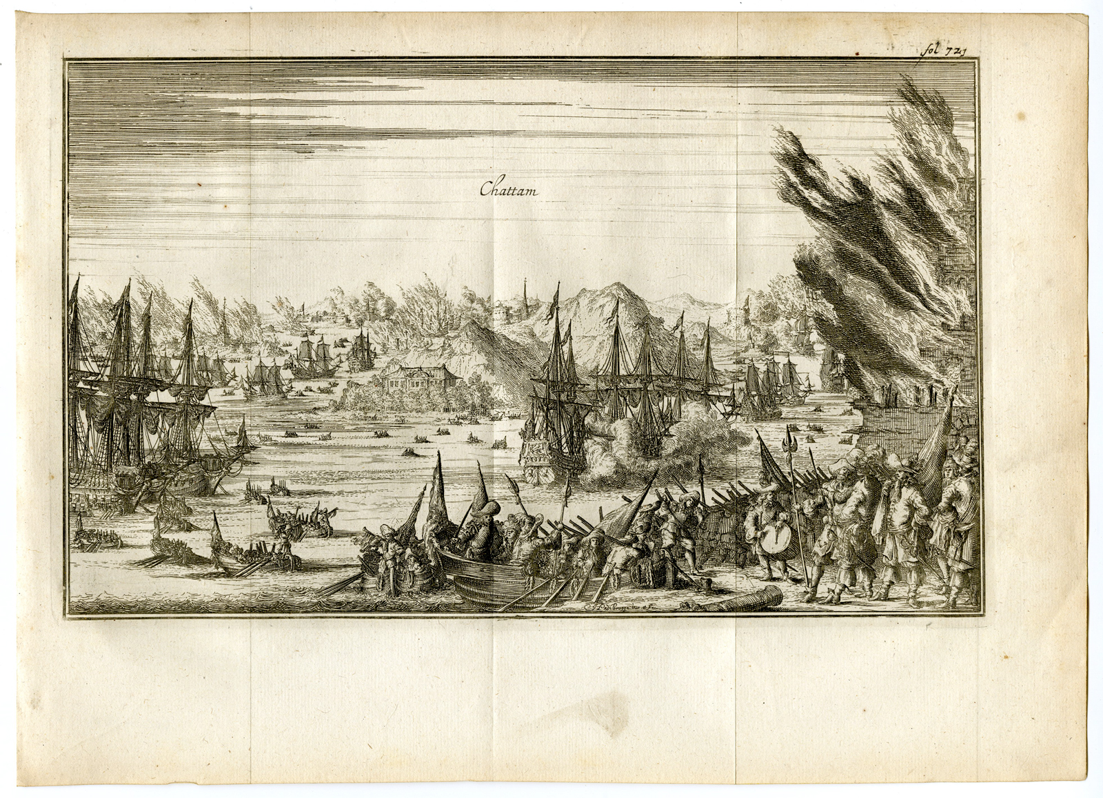 , Antique Print-SEA BATTLE-SHIPS-DUTCH NAVY-CHATHAM-Van den Bosch-Padtbrugge-1683, Pictura Antique Prints