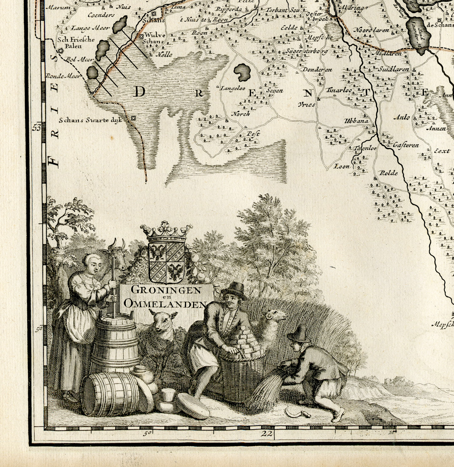 , Antique Map-GRONINGEN-DRENTHE-Halma-1725, Pictura Antique Prints