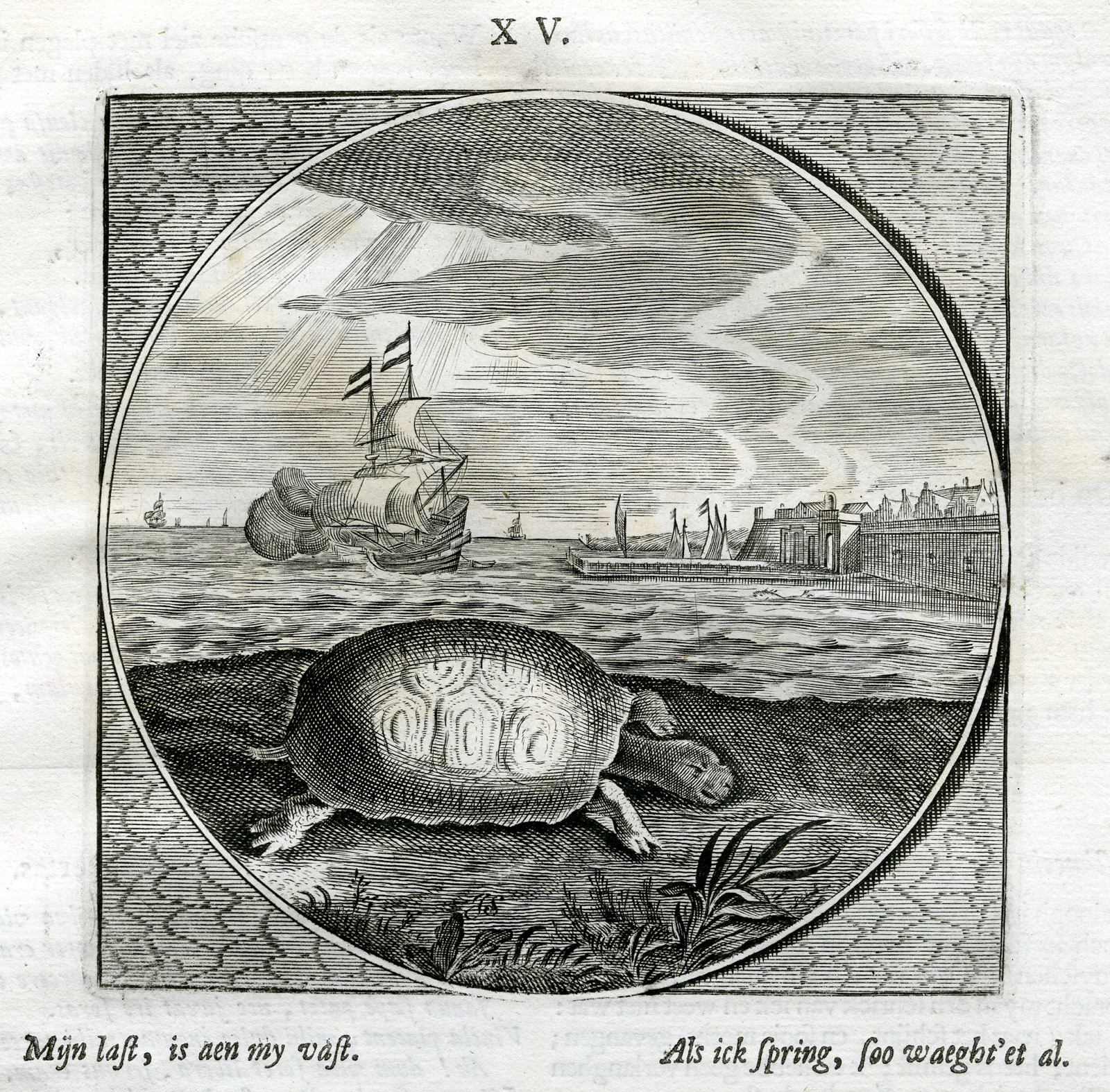 , Antique Print-TURTLE-LOAD-SHIP-Venne-Jacob Cats-1655, Pictura Antique Prints