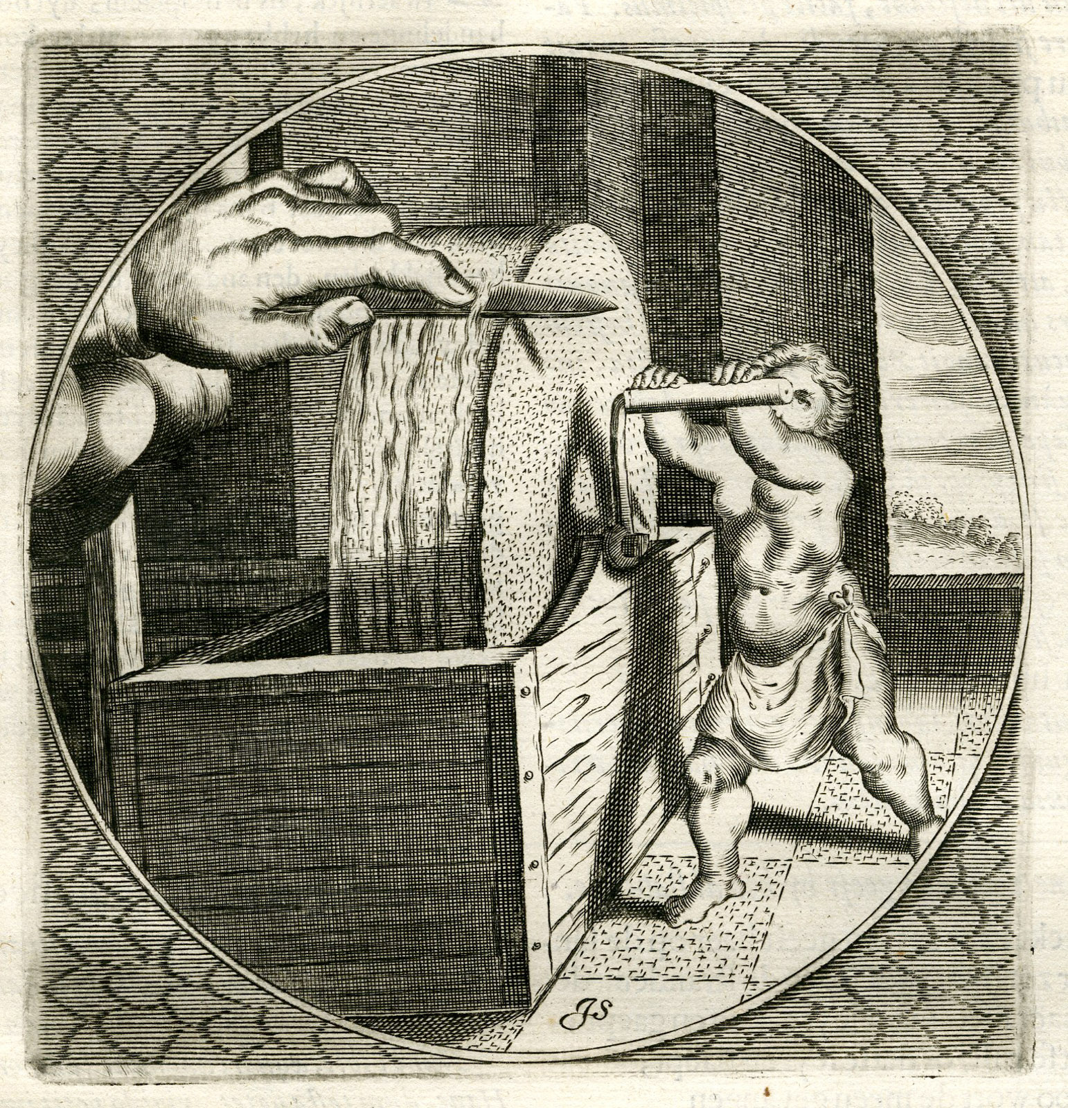 , Antique Print-GRINDSTONE-KNIFE-Venne-Jacob Cats-1655, Pictura Antique Prints