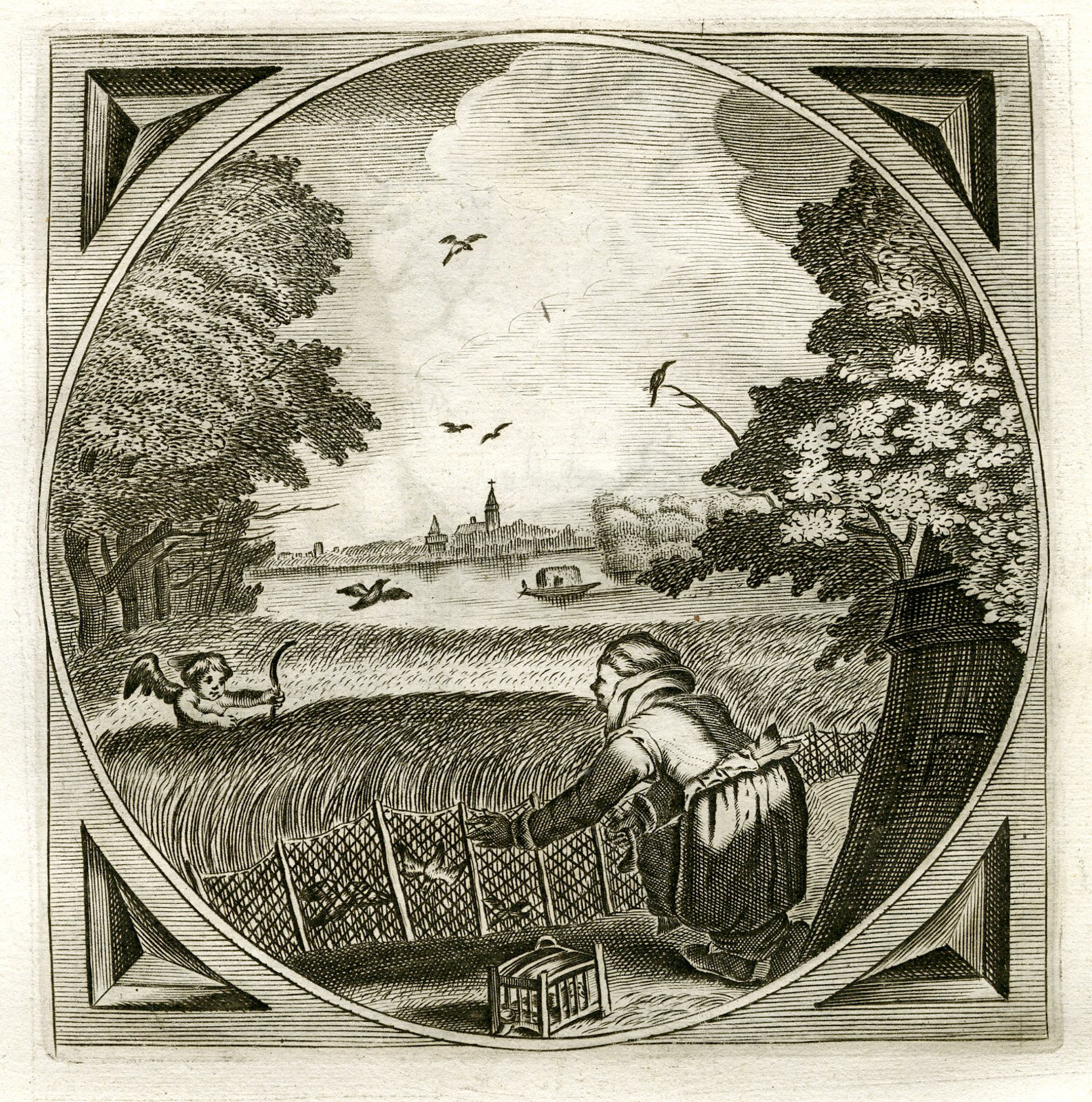 , Antique Print-BIRD CATCHING-DECEIT-Venne-Cats-1655, Pictura Antique Prints