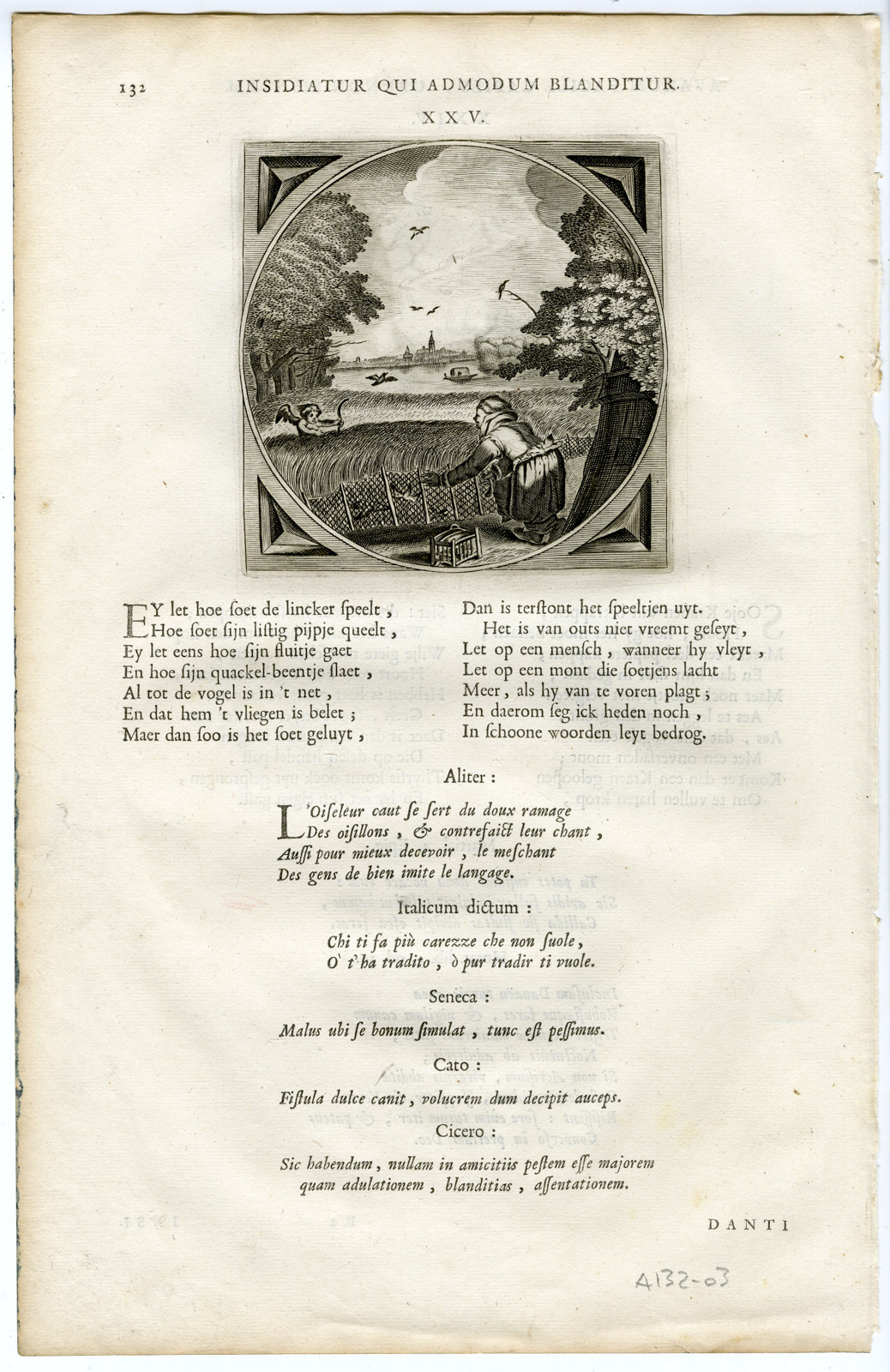 , Antique Print-BIRD CATCHING-DECEIT-Venne-Cats-1655, Pictura Antique Prints