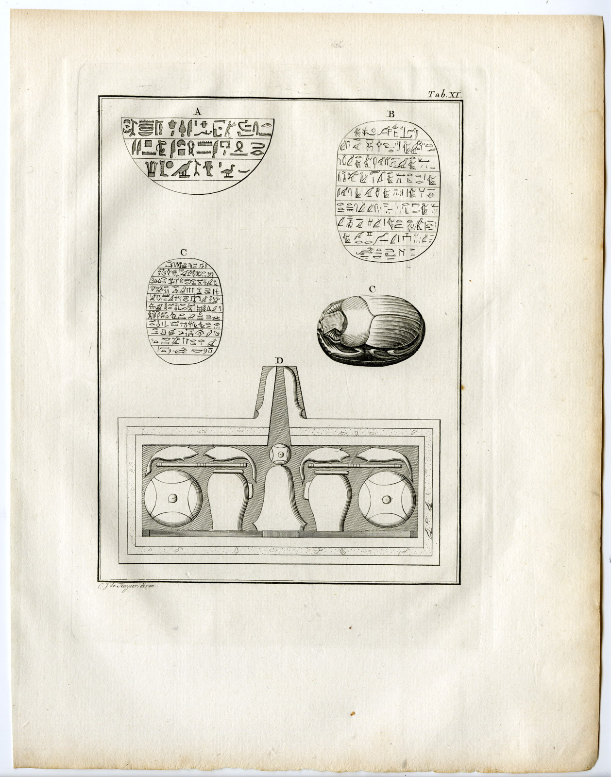 , Antique Print-EGYPTIAN RELICS-HIEROGLYPHS-SCARAB-ART-Niebuhr-De Huyser-1776, Pictura Antique Prints
