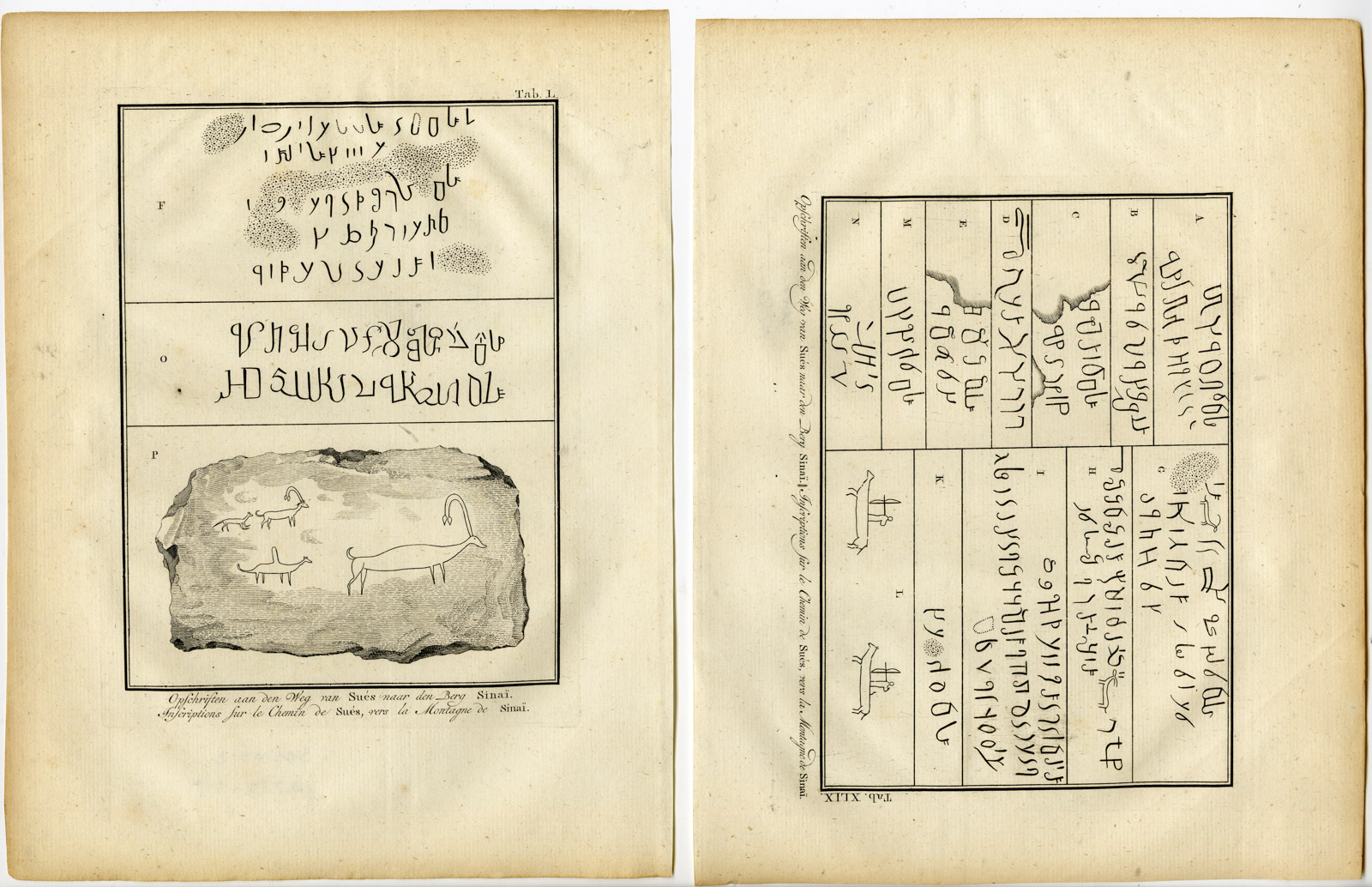 , 2 Antique Prints-INSCRIPTIONS-MOUNT SINAI-SUEZ-EGYPT-Niebuhr-1776, Pictura Antique Prints
