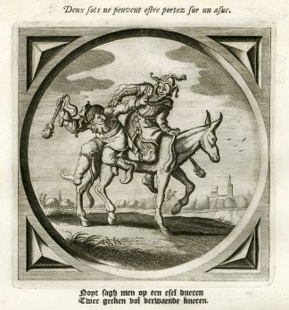 Antique Satire Print-FOOL-DONKEY-PATIENCE-Cats-1655