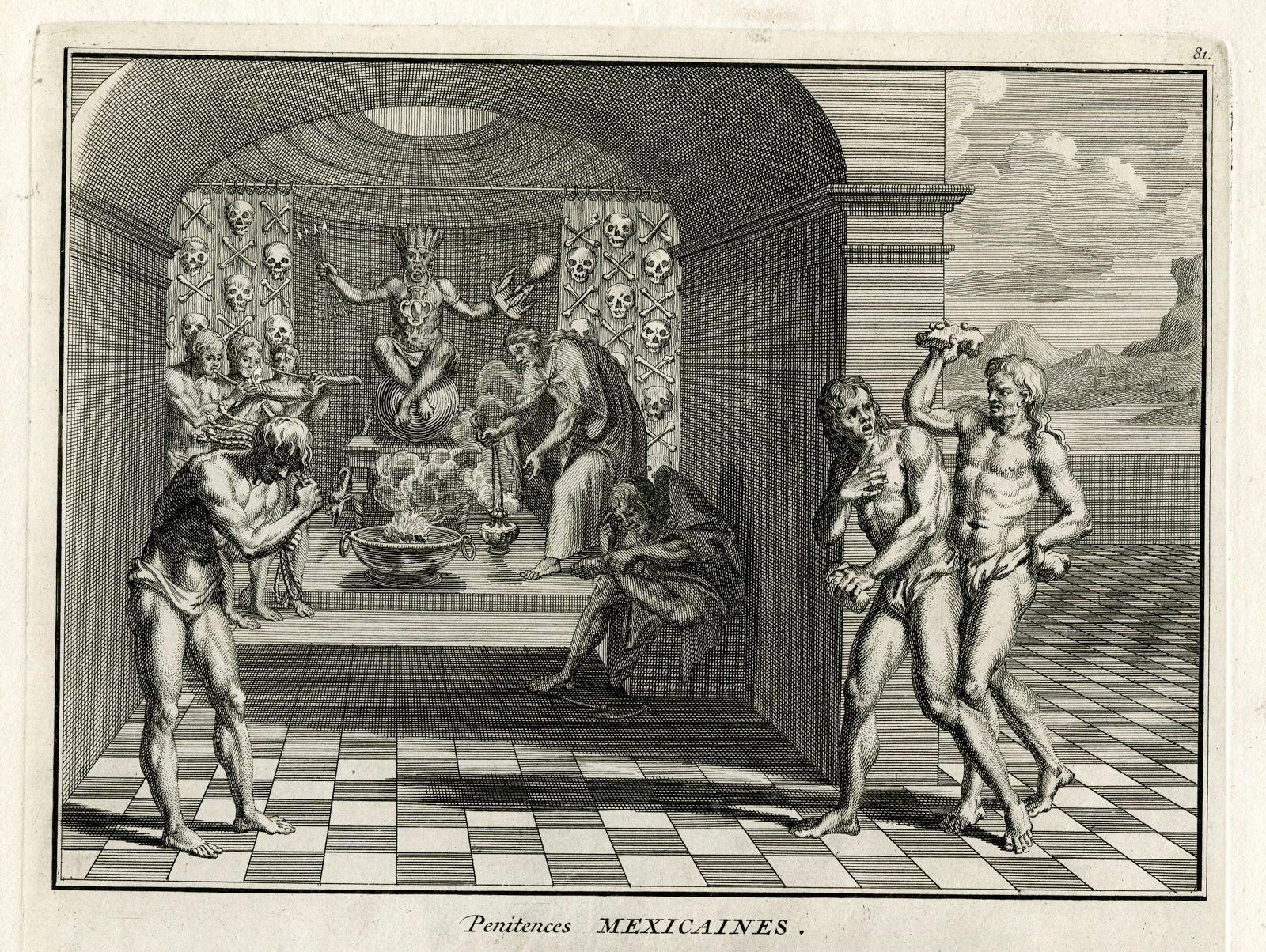 , Antique Print-MEXICO-ALTAR-SACRIFICE-Picart-1727, Pictura Antique Prints