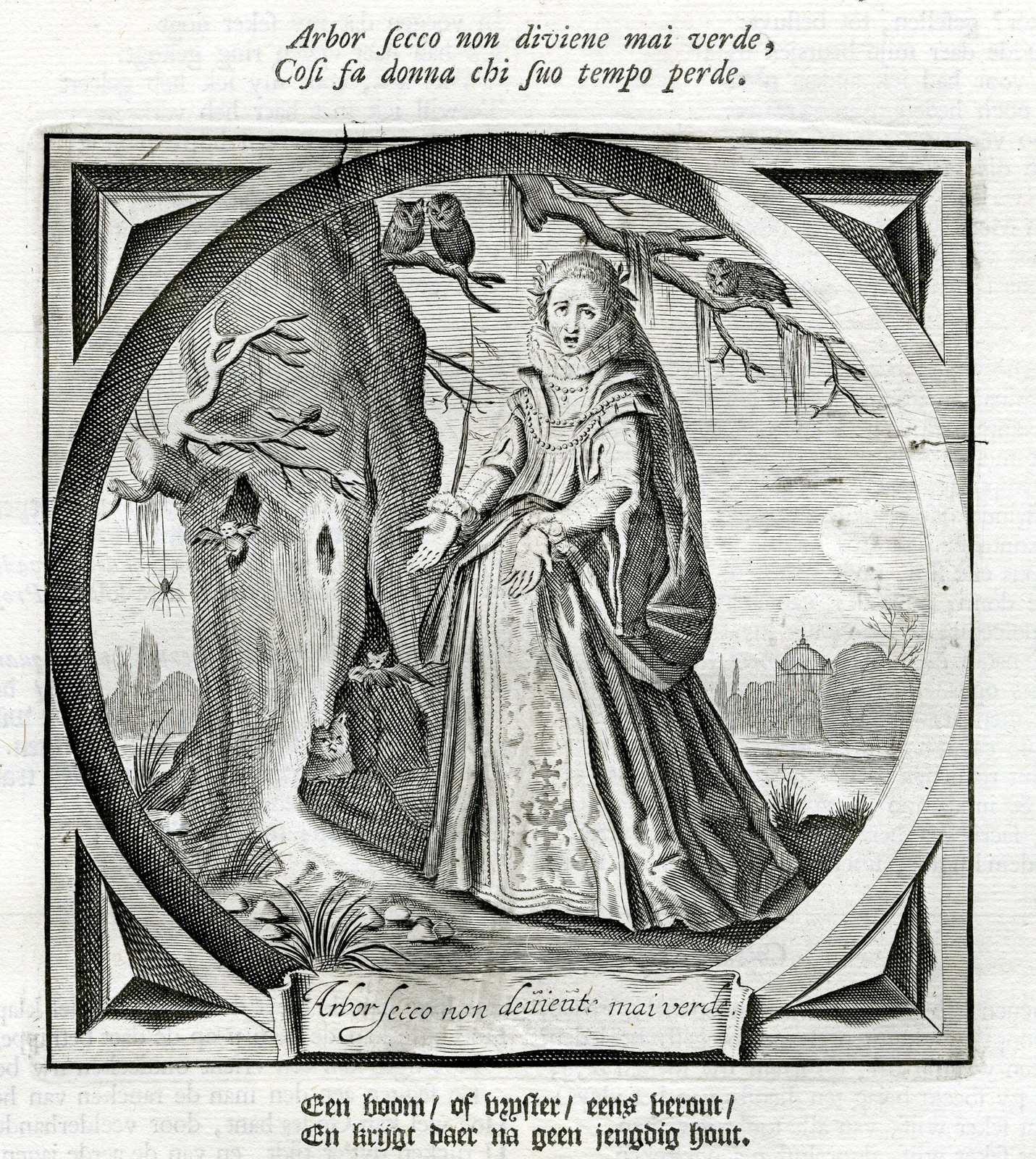 , Antique Emblem-Satire-Proverb Print-SPINSTER-OLD AGE-TREE-OWL-Venne-Cats-1655, Pictura Antique Prints