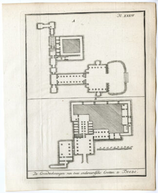 2 Antique Prints-EGYPT-THEBES-CAVE-TEMPLE-PLAN-Pococke-1776