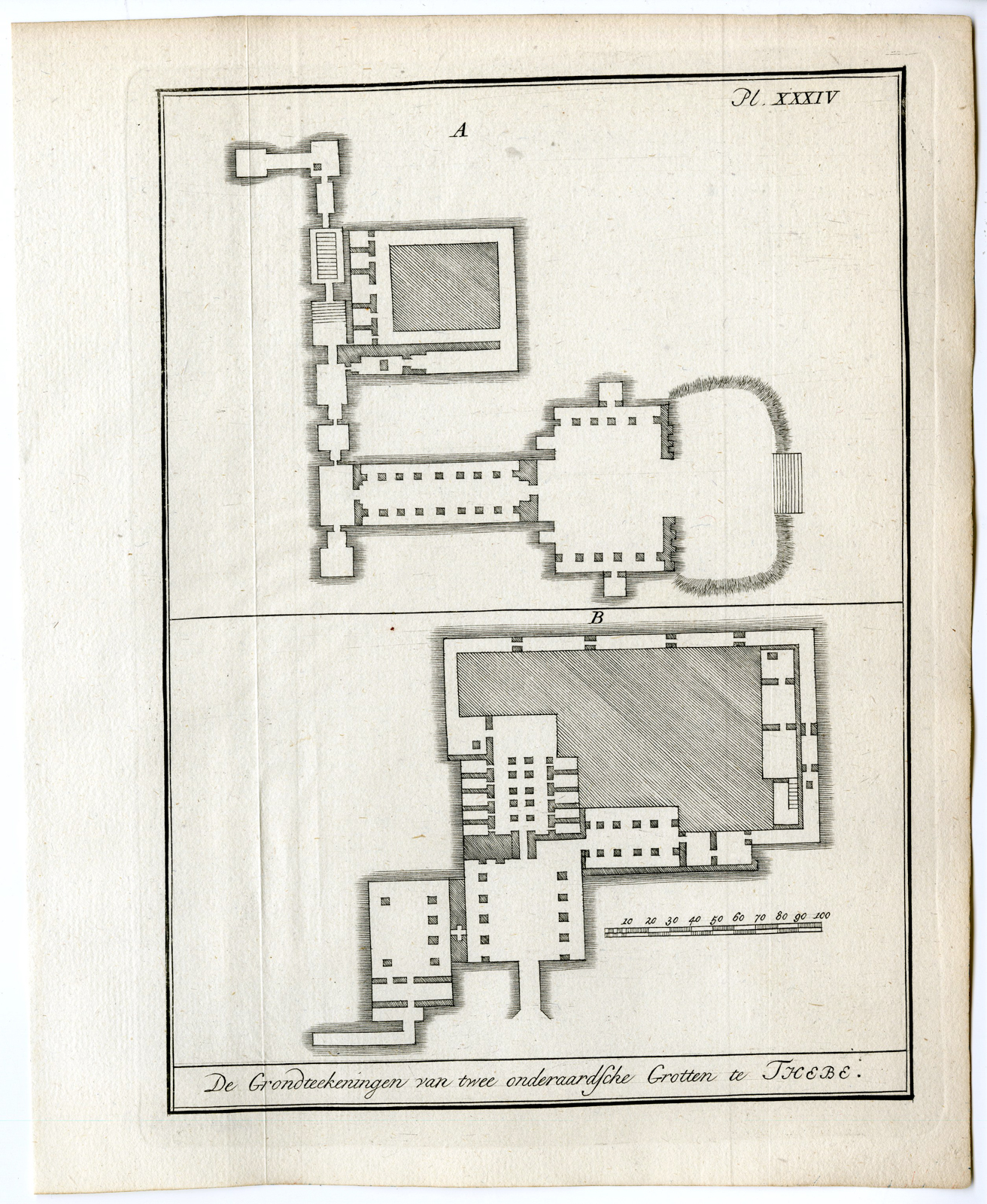 , 2 Antique Prints-EGYPT-THEBES-CAVE-TEMPLE-PLAN-Pococke-1776, Pictura Antique Prints