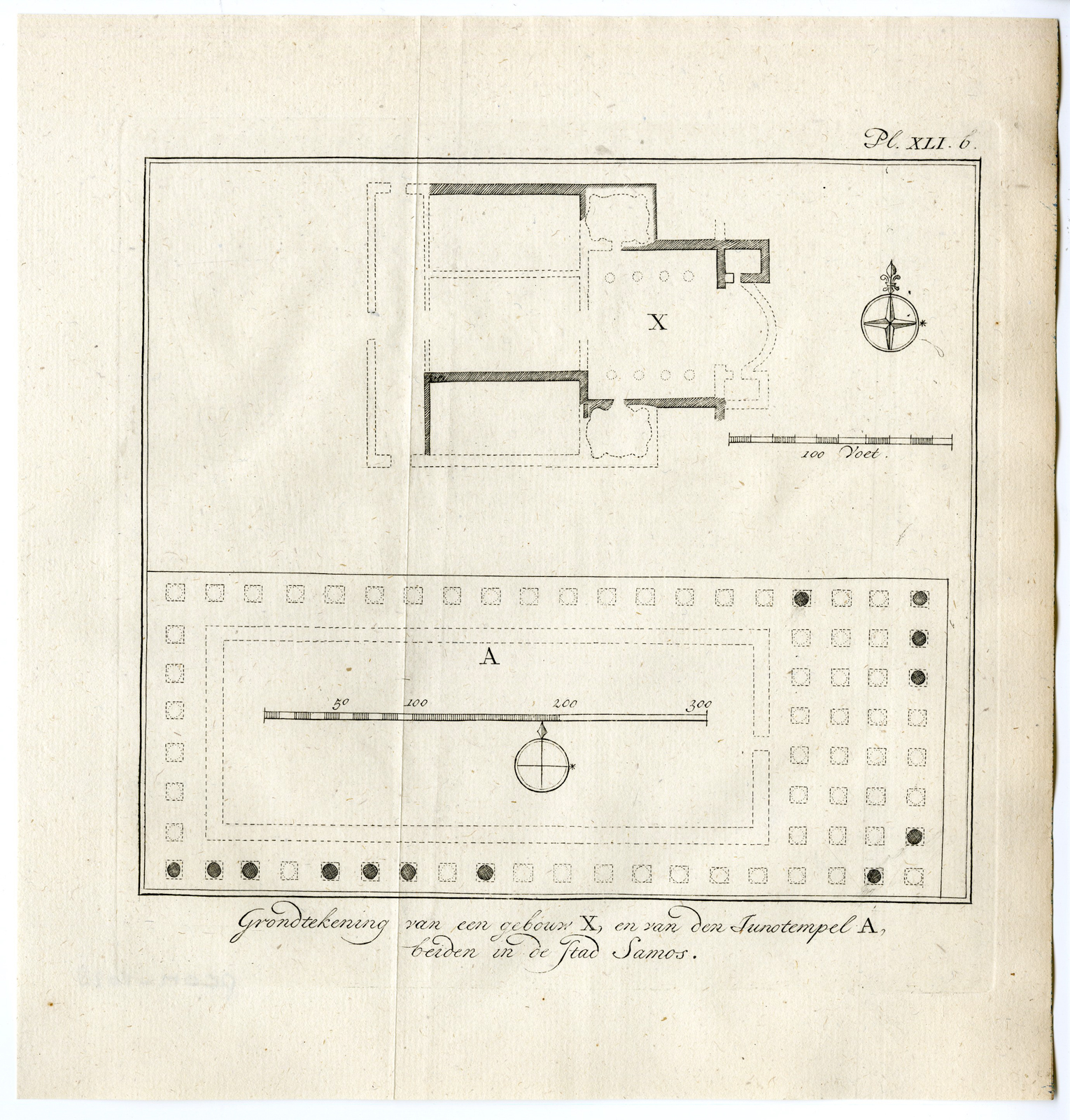 , 3 Antique Prints-GREECE-SAMOS-PLAN-JUNO TEMPLE-PILLAR-Pococke-1776, Pictura Antique Prints