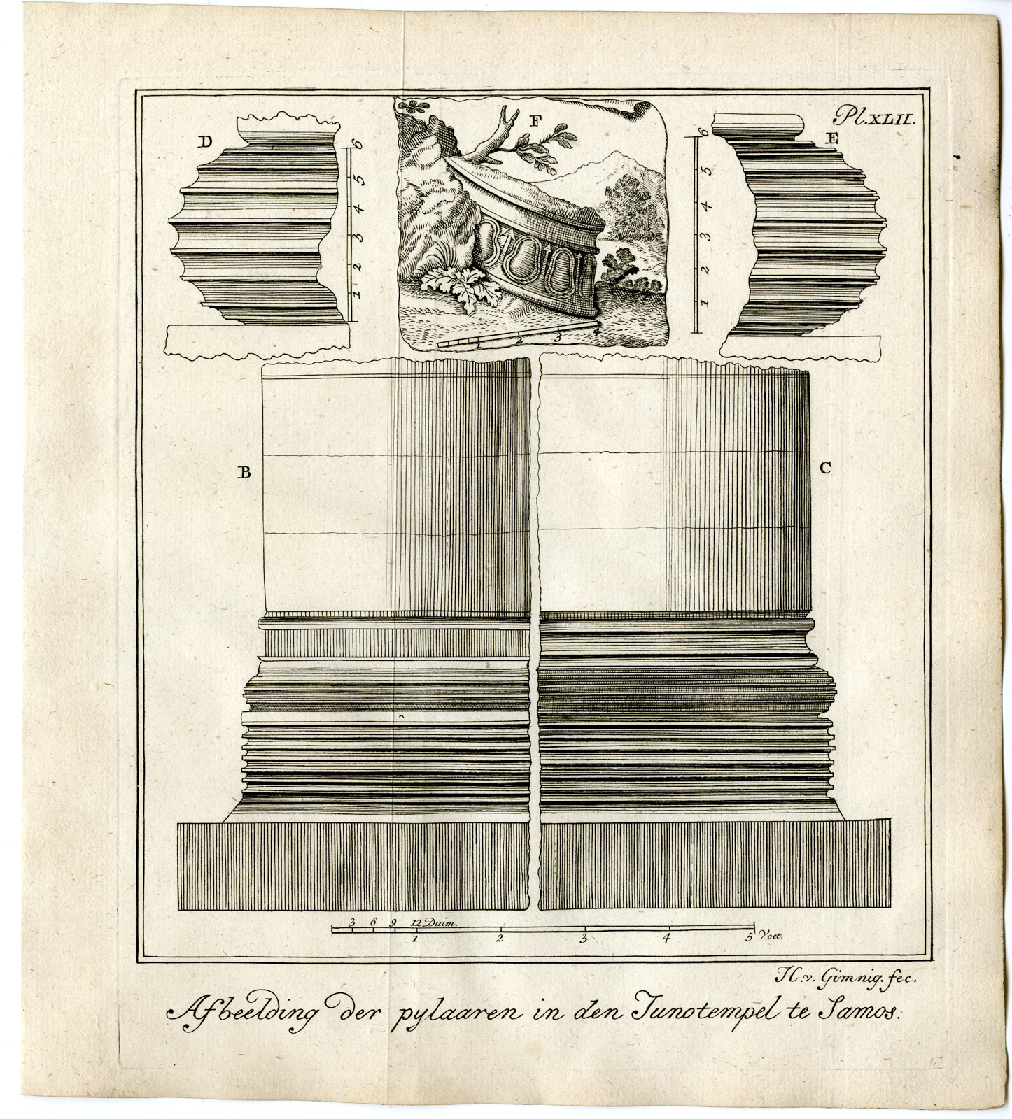 , 3 Antique Prints-GREECE-SAMOS-PLAN-JUNO TEMPLE-PILLAR-Pococke-1776, Pictura Antique Prints