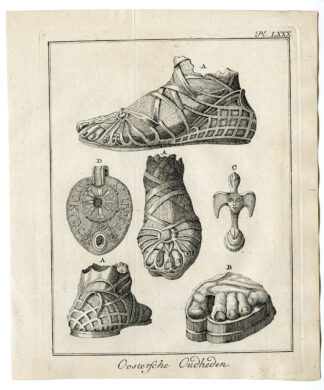 2 Antique Prints-ANCIENT ARTEFACTS-SHOES-SCULPTURE-LAMP-Pococke-1776