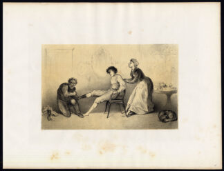 2 Antique Satire Prints-SHOE PULLING-FALLING OVER-DO NOT OVERDO-Ver Huell-1873
