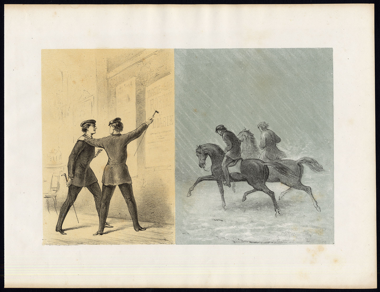 , 2 Antique Satire Prints-CANCELLED PLAY-HORSE-THEATRE-Ver Huell-1873, Pictura Antique Prints
