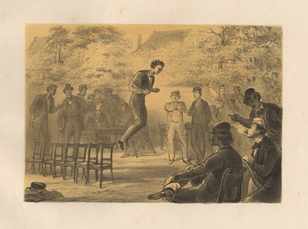 , Antique Satire Print-LONG JUMPING-CHAIR-STUDENTS-Ver Huell-1873, Pictura Antique Prints