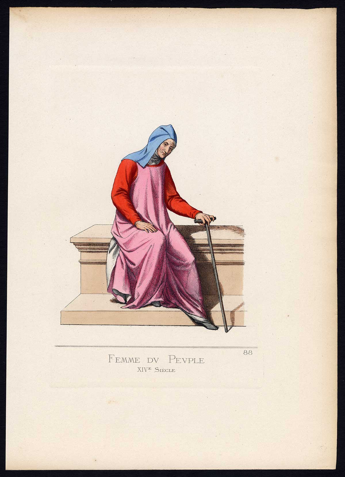 , Antique Print-COMMON WOMAN-ITALY-MIDDLE AGES-PLATE 88-Bonnard-Mercuri-1860, Pictura Antique Prints