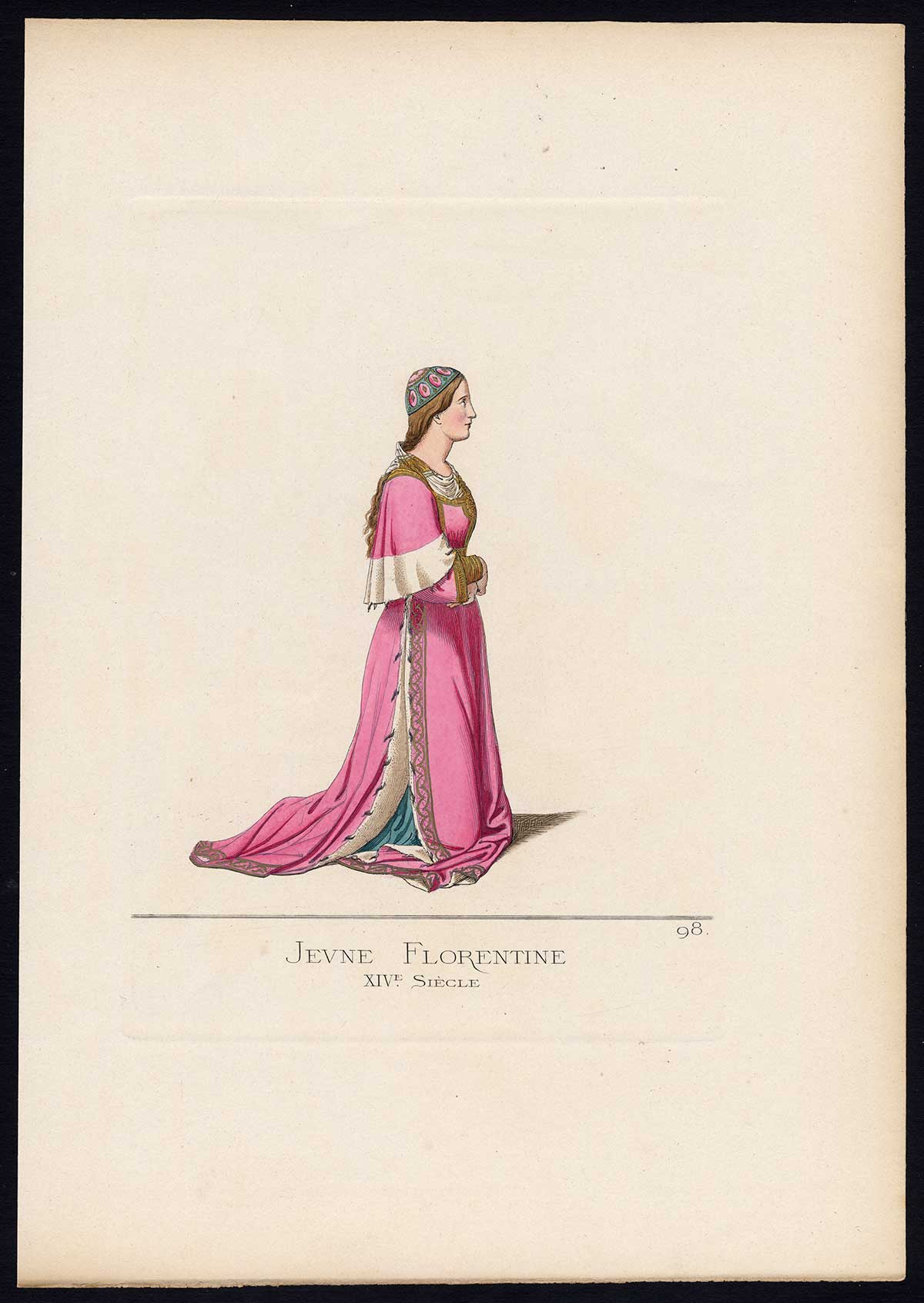 , Antique Print-FLORENCE-WOMAN-ITALY-MIDDLE AGES-PLATE 98-Bonnard-Mercuri-1860, Pictura Antique Prints