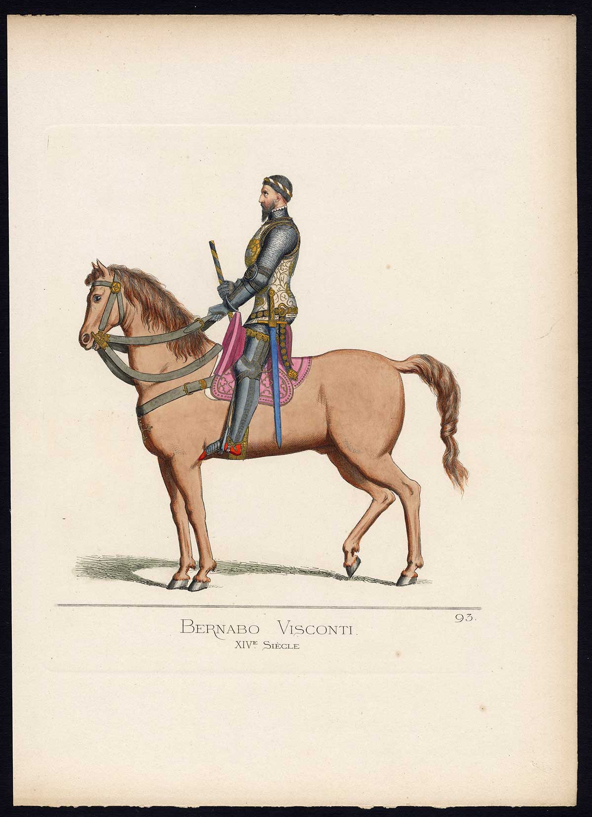 , Antique Print-BERNABO VISCONTI-ITALY-HORSE-SOLDIER-PLATE 93-Bonnard-Mercuri-1860, Pictura Antique Prints