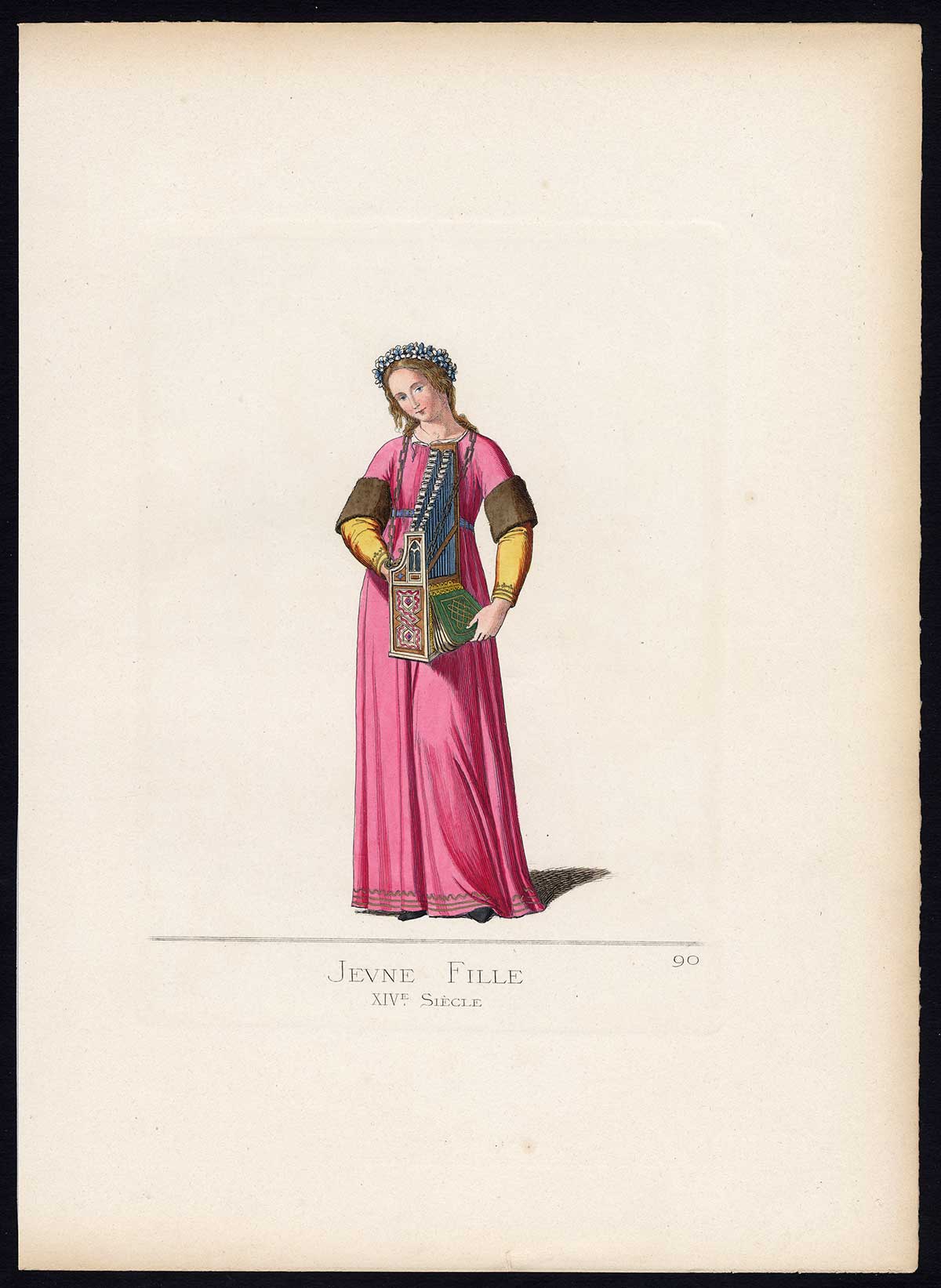 , Antique Print-YOUNG WOMAN-ITALY-HAND ORGAN-COSTUME-PL 90-Bonnard-Mercuri-1860, Pictura Antique Prints