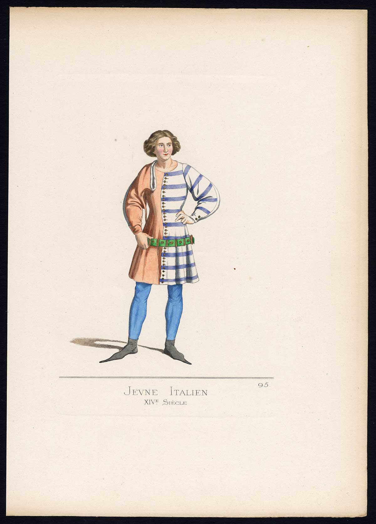 , Antique Print-YOUNG MAN-ITALY-MIDDLE AGES-COSTUME-PLATE 95-Bonnard-Mercuri-1860, Pictura Antique Prints