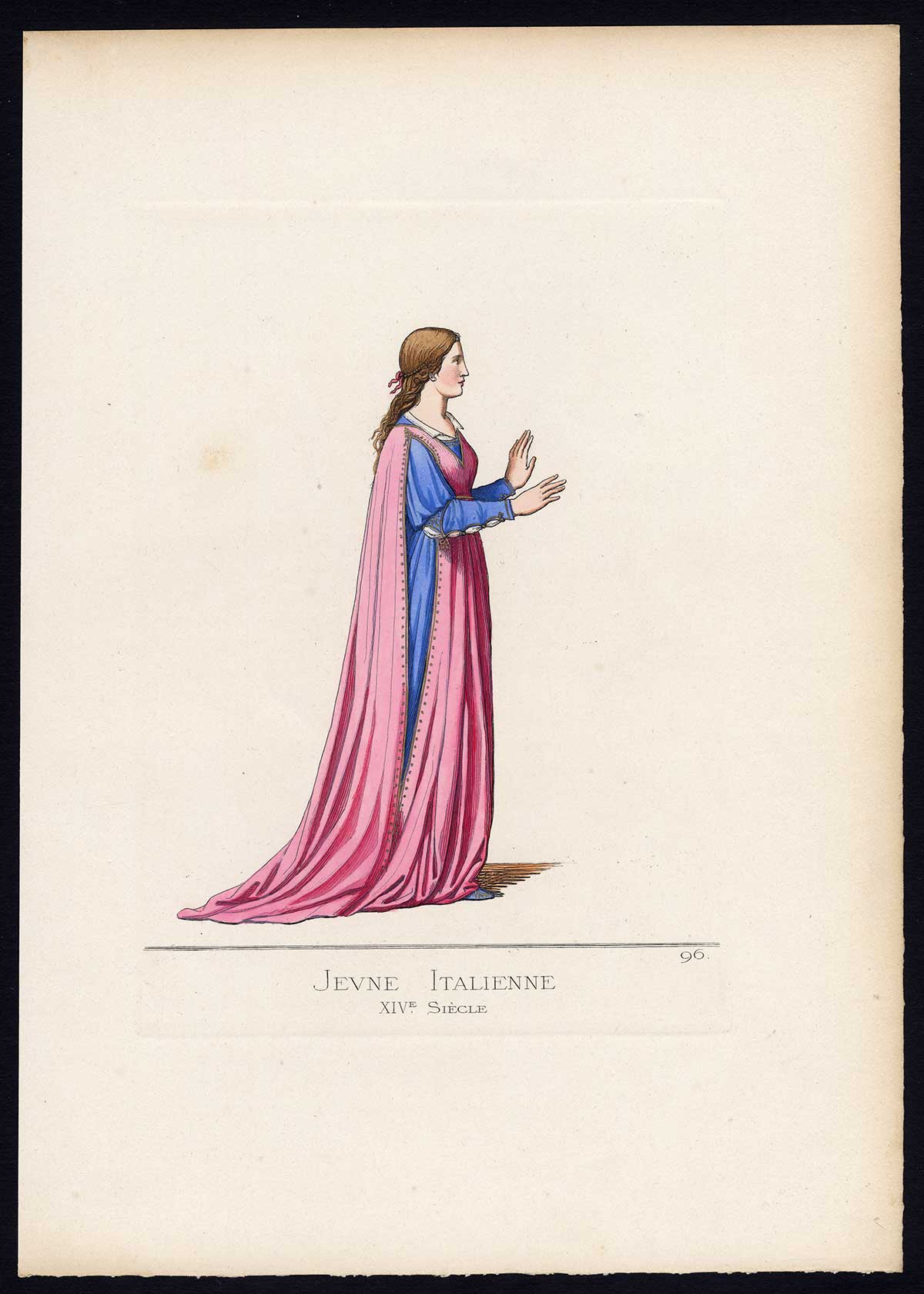 , Antique Print-YOUNG WOMAN-ITALY-MIDDLE AGES-COSTUME-PL 96-Bonnard-Mercuri-1860, Pictura Antique Prints