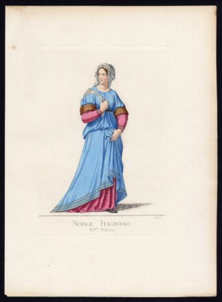 Antique Print-NOBLE WOMAN-ITALY-MIDDLE AGES-COSTUME-PL 110-Bonnard-Mercuri-1860
