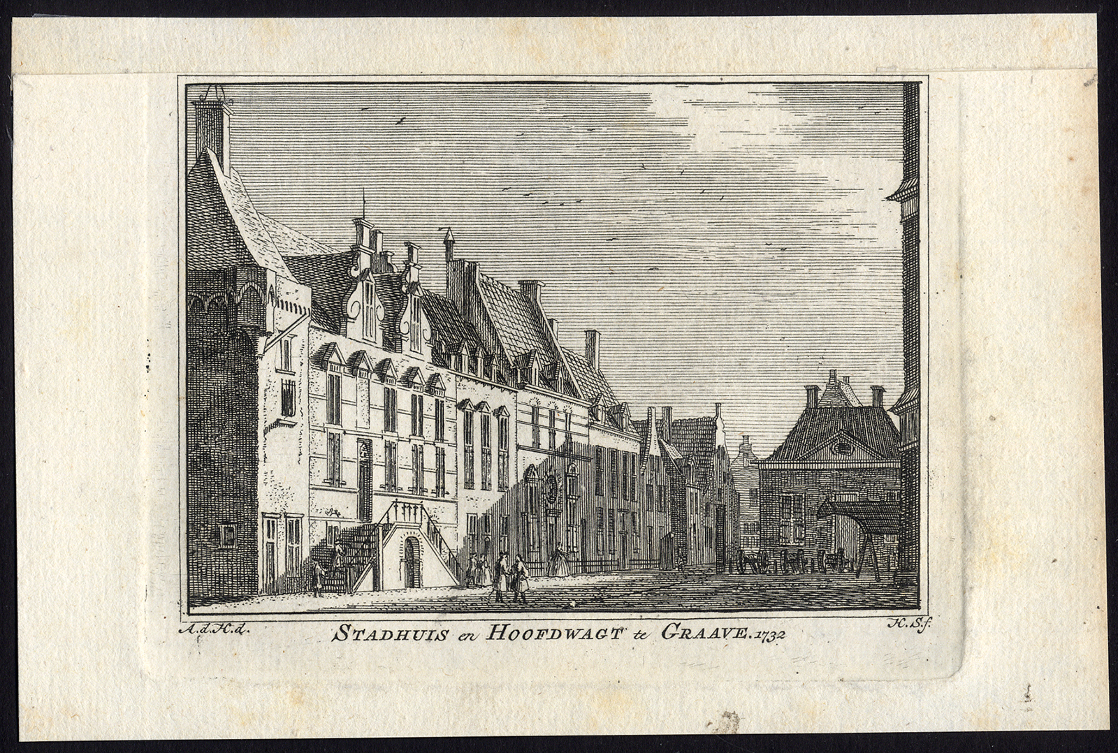 , Antique Print-GRAVE-TOWN HALL-HOUSE OF CITY GUARD-Spilman-De Beijer-1746, Pictura Antique Prints