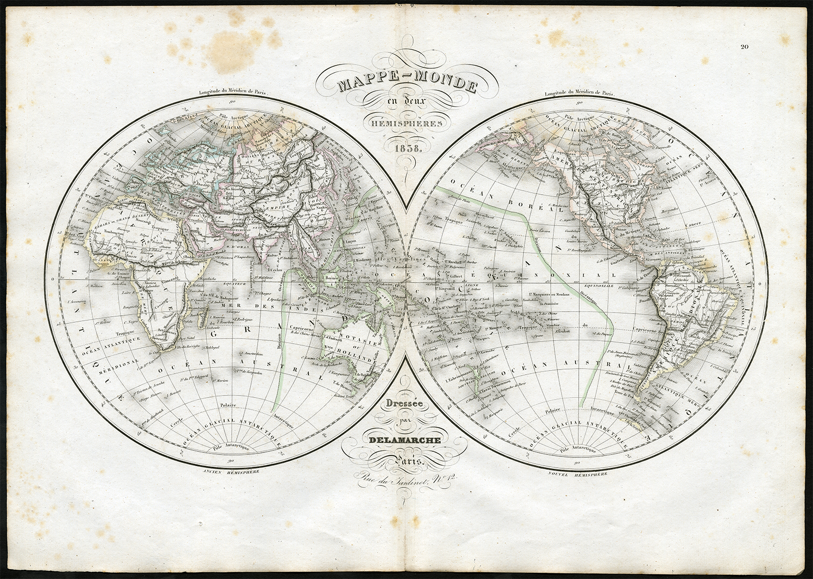 , Antique Print-WORLD-GLOBE-DOUBLE HEMISPHERE-Delamarche-1840, Pictura Antique Prints
