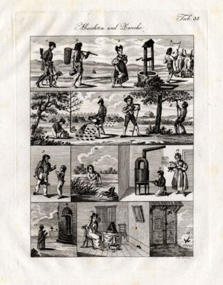 Antique Print-FARM-PLOWING-HUNTING-DOG-COW-Czech-1844