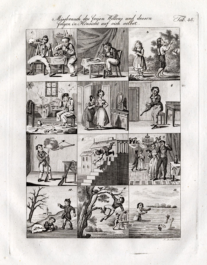 , Antique Print-DANGER-BAD BEHAVIOUR-HABITS-Czech-1844, Pictura Antique Prints