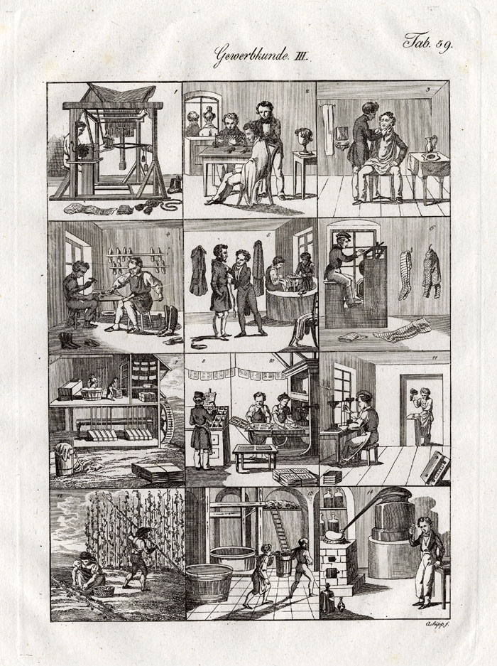 , Antique Print-BARBER-TAYLOR-SHOEMAKER-PAPER-Czech-1844, Pictura Antique Prints