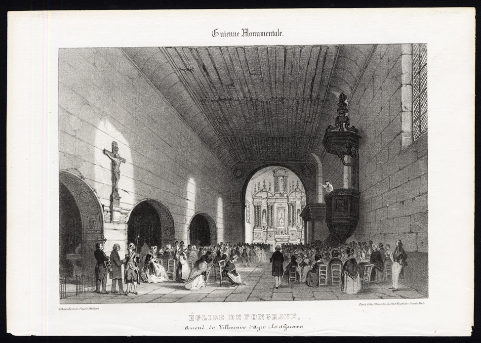 , Antique Print-CHURCH INTERIOR-FONGRAVE-LOT ET GARONNE-FRANCE-Ducourneau-1842, Pictura Antique Prints