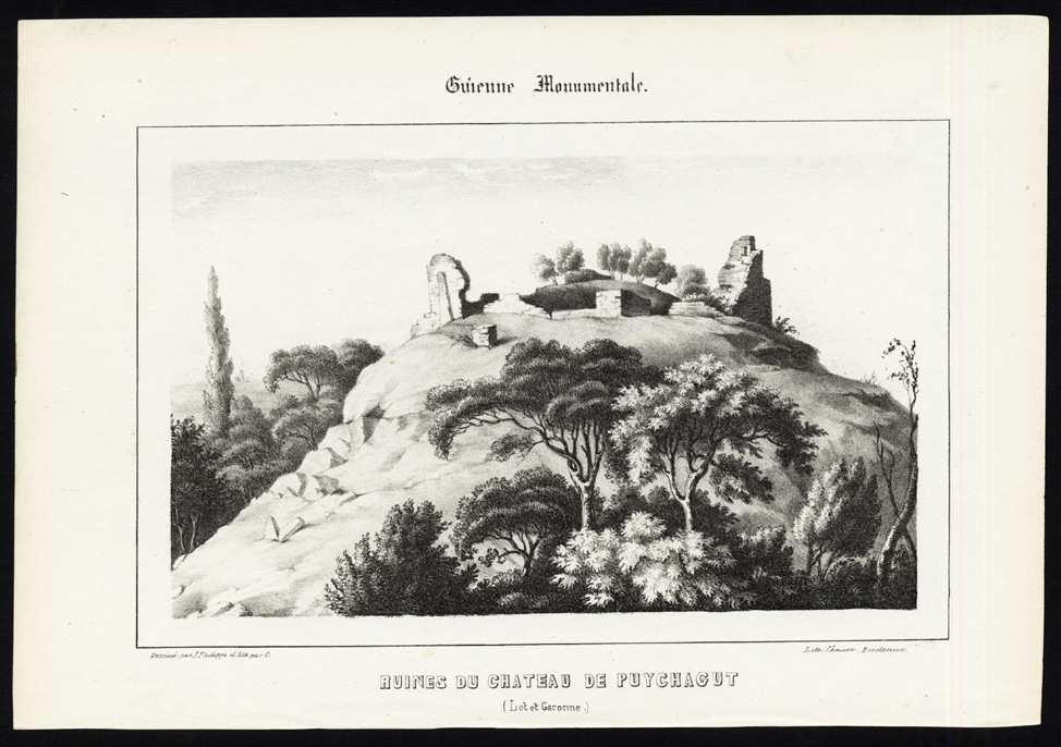 , Antique Print-CASTLE-RUINS-PUYCHAGUT-VILLENEUVE DE DURAS-FRANCE-Ducourneau-1842, Pictura Antique Prints