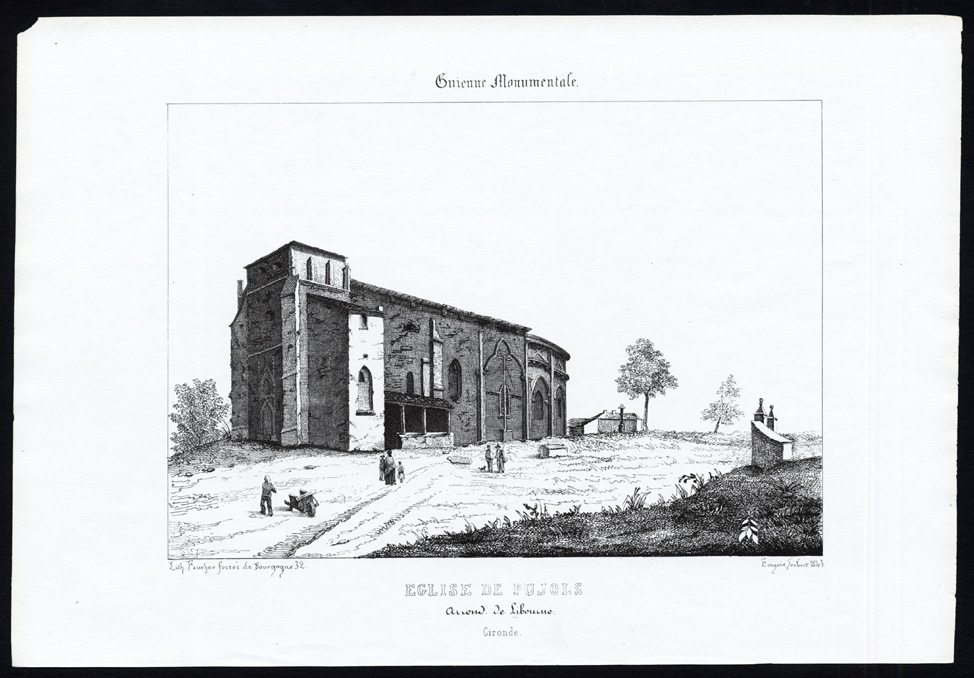 , Antique Print-CHURCH-PUJOLS-LIBOURNE-GIRONDE-FRANCE-Ducourneau-1842, Pictura Antique Prints