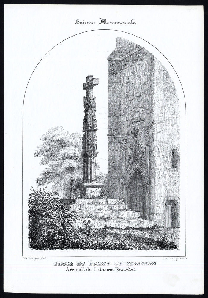 , Antique Print-CROSS-CHURCH-NERIGEAN-LIBOURNE-GIRONDE-FRANCE-Ducourneau-1842, Pictura Antique Prints