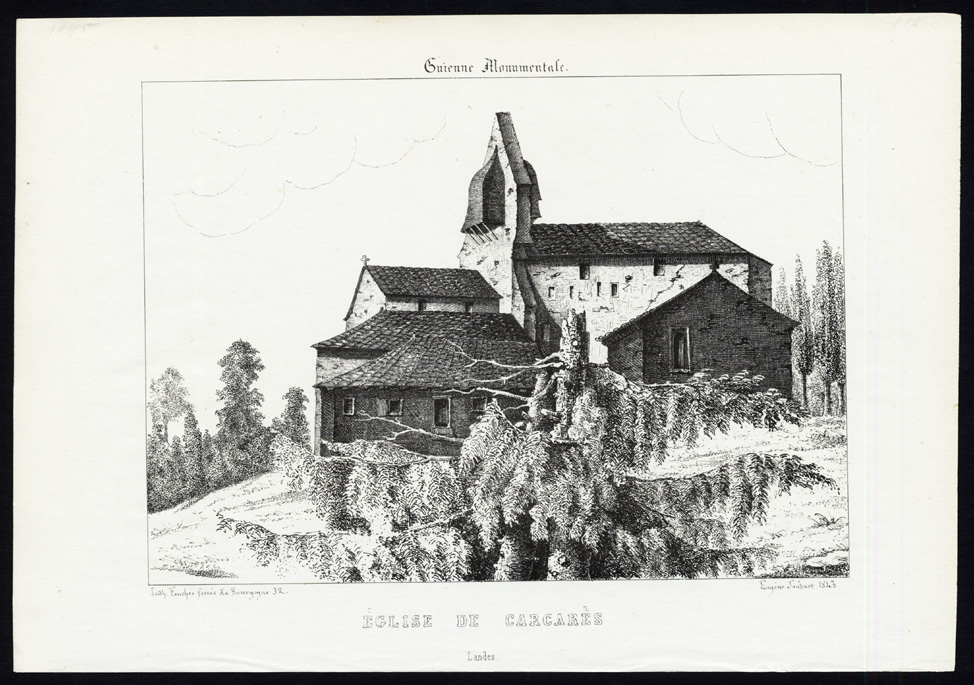 , Antique Print-CHURCH-CARCARES-LANDES-GIRONDE-FRANCE-Ducourneau-1842, Pictura Antique Prints