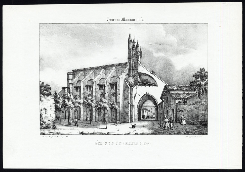 , Antique Print-CHURCH-MIRANDE-GERS-GIRONDE-FRANCE-Ducourneau-1842, Pictura Antique Prints